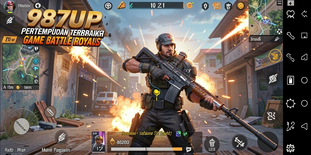 Tampilan gameplay 987UP yang penuh aksi dalam pertempuran Battle Royale.