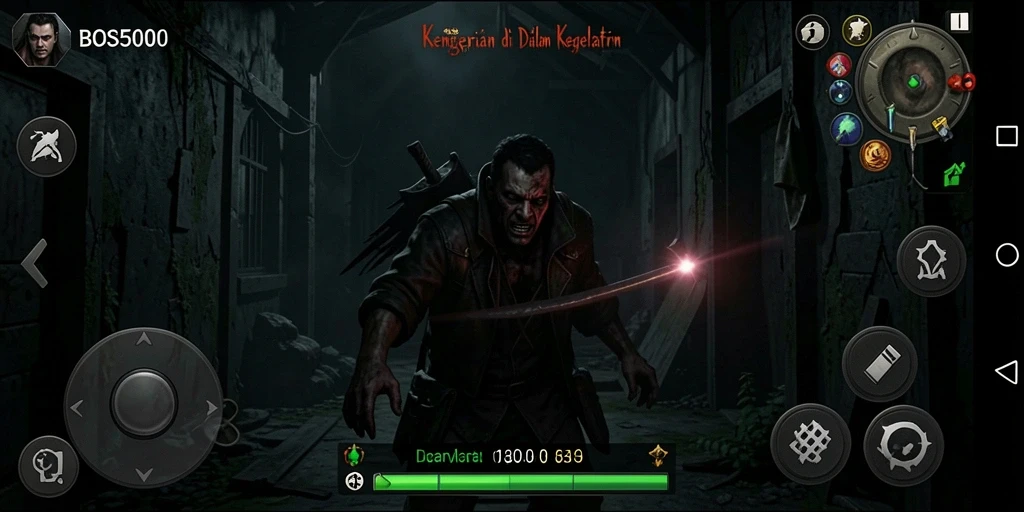 Tangkapan layar gameplay BOS5000 yang menampilkan suasana menyeramkan dan menegangkan.