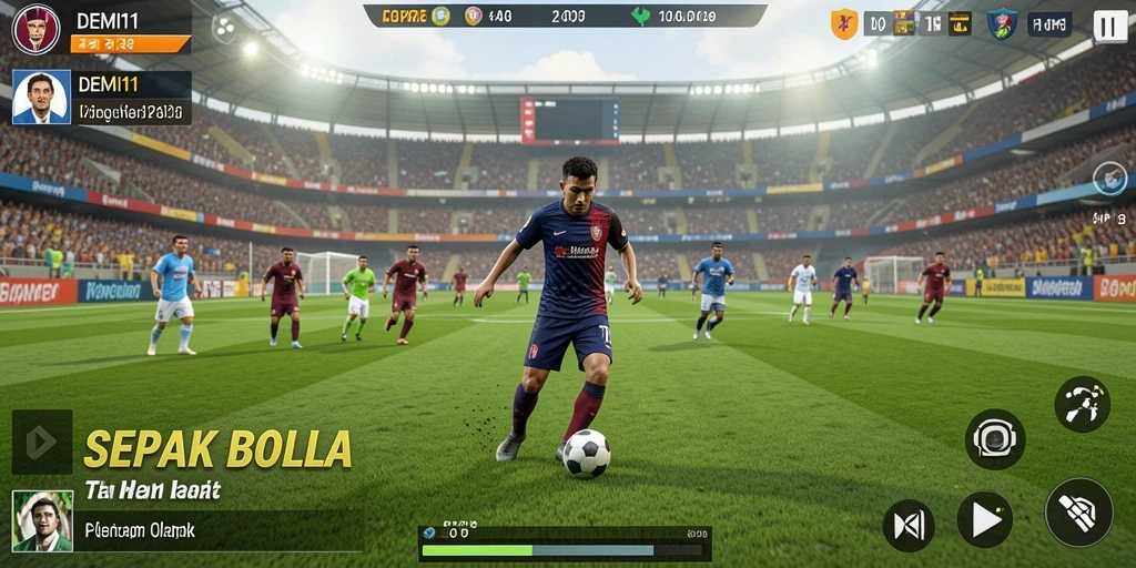 Tangkapan layar dari game DEMI11 menampilkan aksi sepak bola yang mendebarkan.
