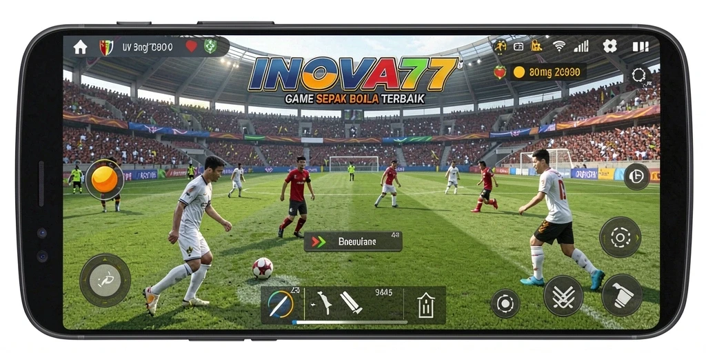 Screenshot gameplay INOVA77 menampilkan aksi pertandingan sepak bola yang seru.
