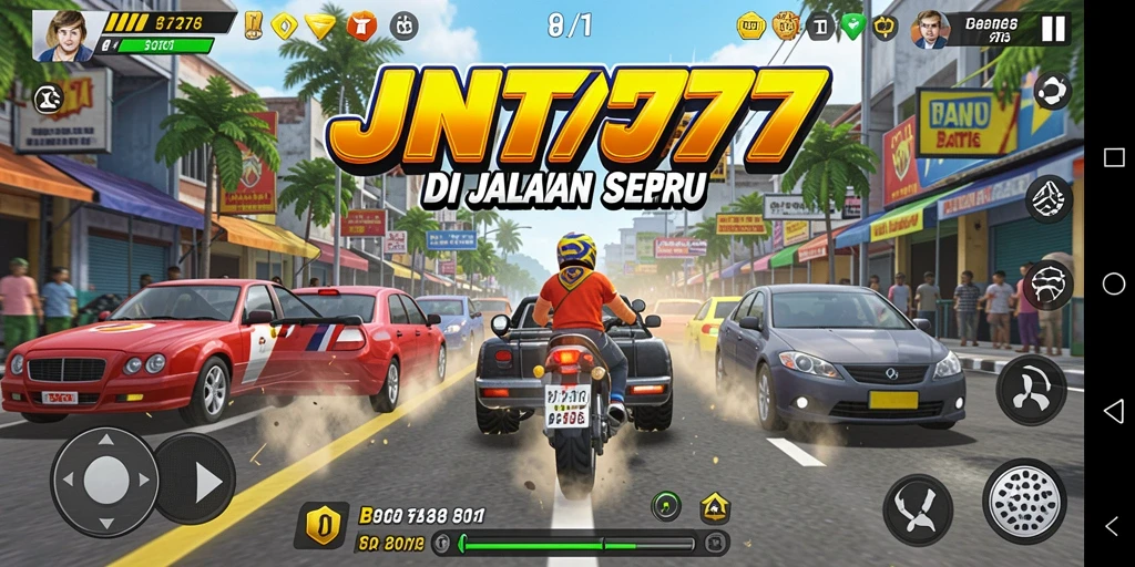 Screenshot gameplay JNT777 menampilkan balapan seru dan mobil yang melaju kencang.