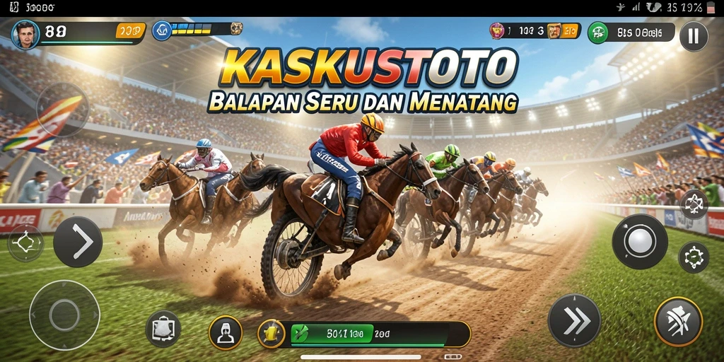 Tampilan gameplay KASKUSTOTO dengan balapan yang mendebarkan dan mobil memukau.