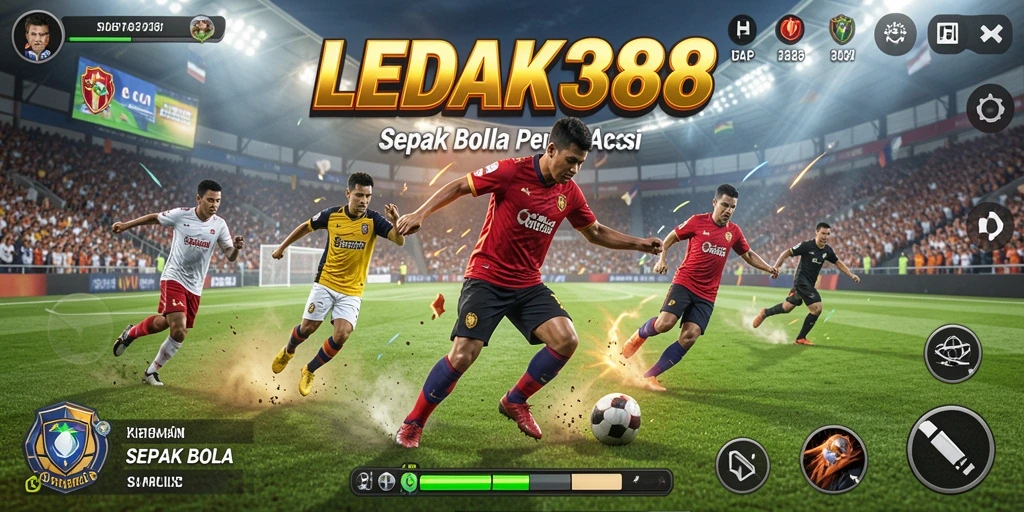 Tampilan aksi seru dalam gameplay <strong>LEDAK388</strong> yang menggambarkan pertarungan di lapangan sepak bola.