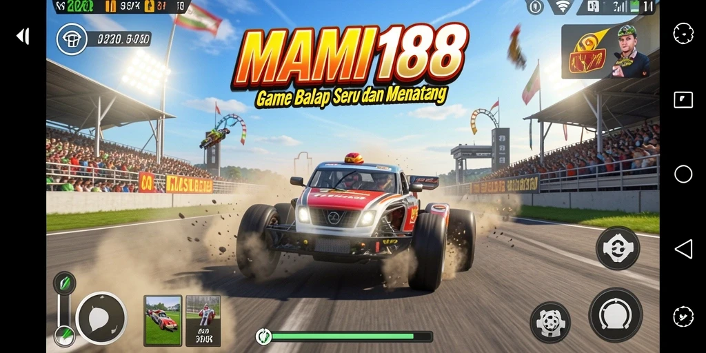 Screenshot gameplay MAMI188 dengan mobil balap yang melaju cepat di lintasan.