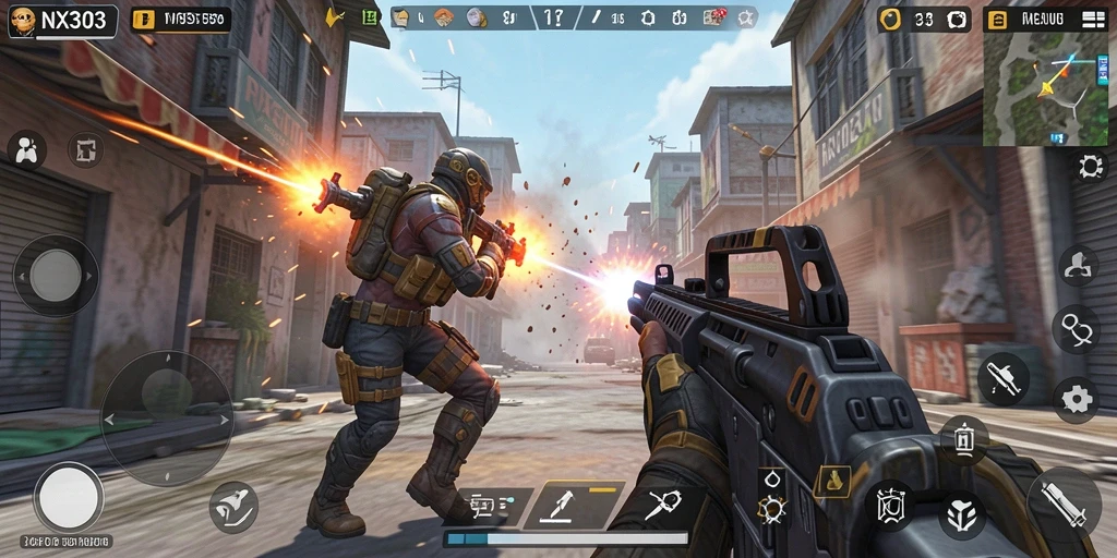Screenshot gameplay NX303 yang menunjukkan aksi seru di dalam pertempuran TPS.