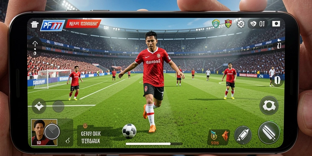 Screenshot gameplay PF777 menunjukkan aksi seru di lapangan sepak bola.