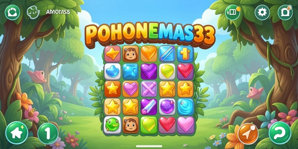 Screenshot utama POHONEMAS33 menampilkan gameplay seru dan penuh warna.