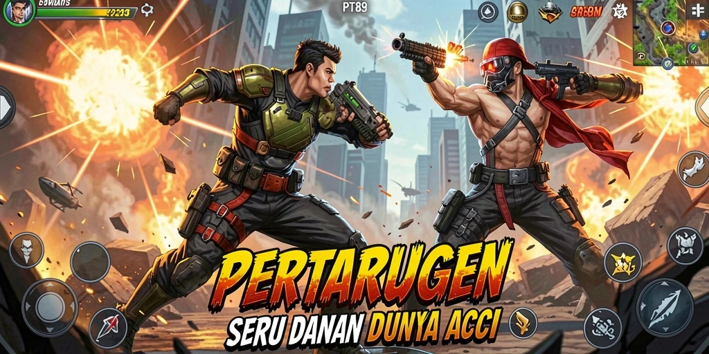 Tampilan aksi mendebarkan dengan karakter bertarung di medan perang.