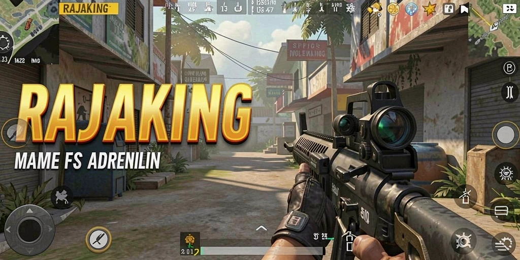 Tampilan gameplay seru dalam RAJAKING saat aksi tembak-menembak berlangsung.