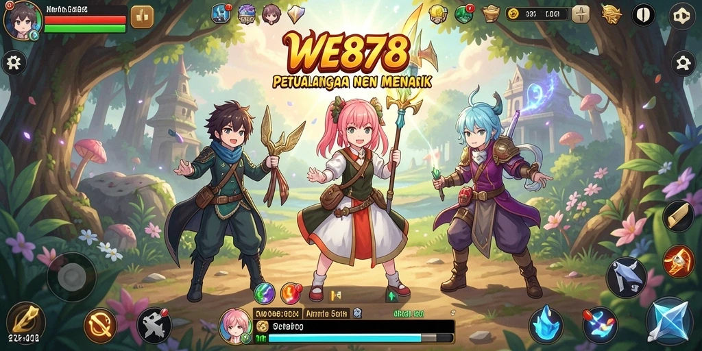 Tampilan layar permainan WE878 yang menunjukkan karakter anime dalam aksi.