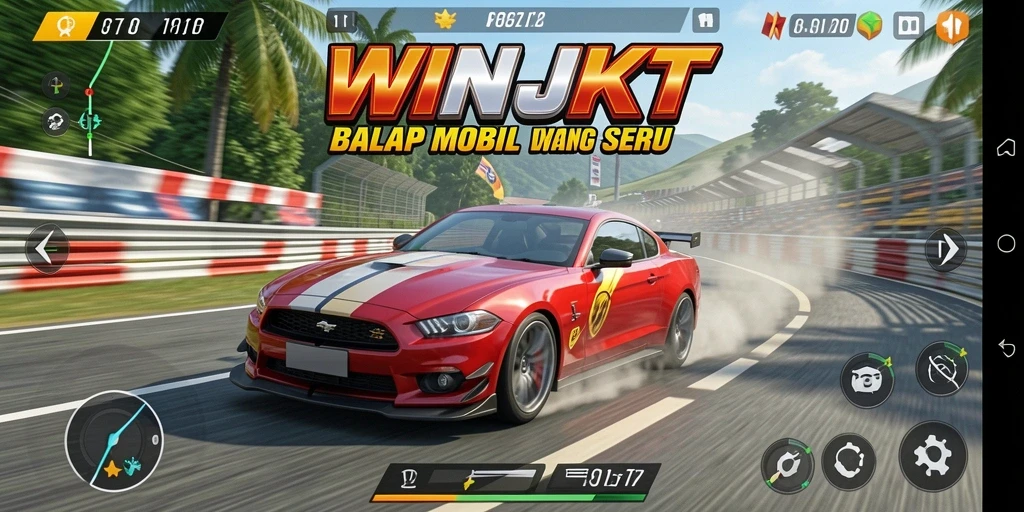 Screenshot gameplay WINJKT menampilkan balapan mendebarkan di trek yang menantang.